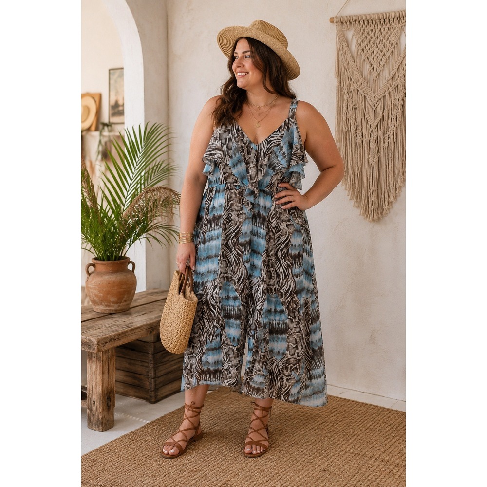 Boho Summer Beach Wedding Snake Turquoise Ruffle Flowy V-Neck Maxi 16W Dress